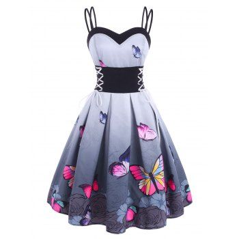 

Lace Up Dual Strap Skull Butterfly Print Dress, Light blue