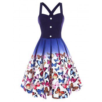 

Ombre Butterfly Print Mini Dress Criss Cross Mock Button Sweetheart Neck Flare Skater Dress, Deep blue