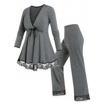 

Plus Size Peacock Lace Insert Long Sleeve Pajama Pants Set, Gray