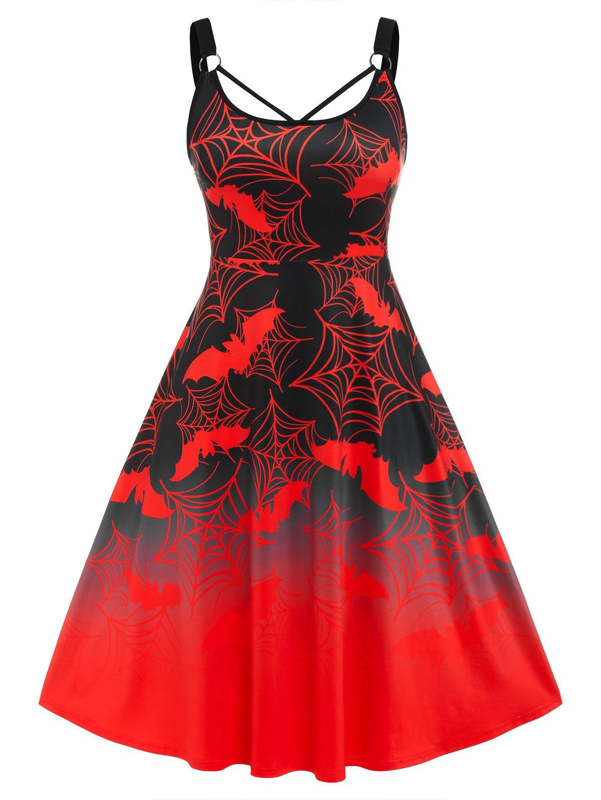 Plus Size Bat Spider Web Print Halloween Dress - RED 4X