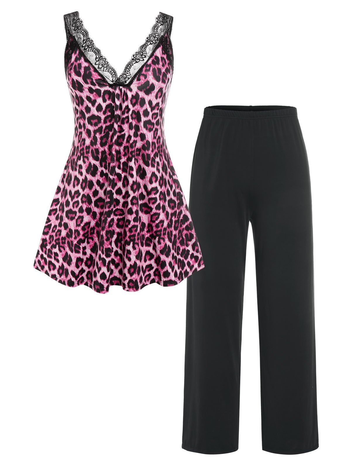 Plus Size Leopard Print Tank Top and Pants Pajamas Set - LIGHT PINK L