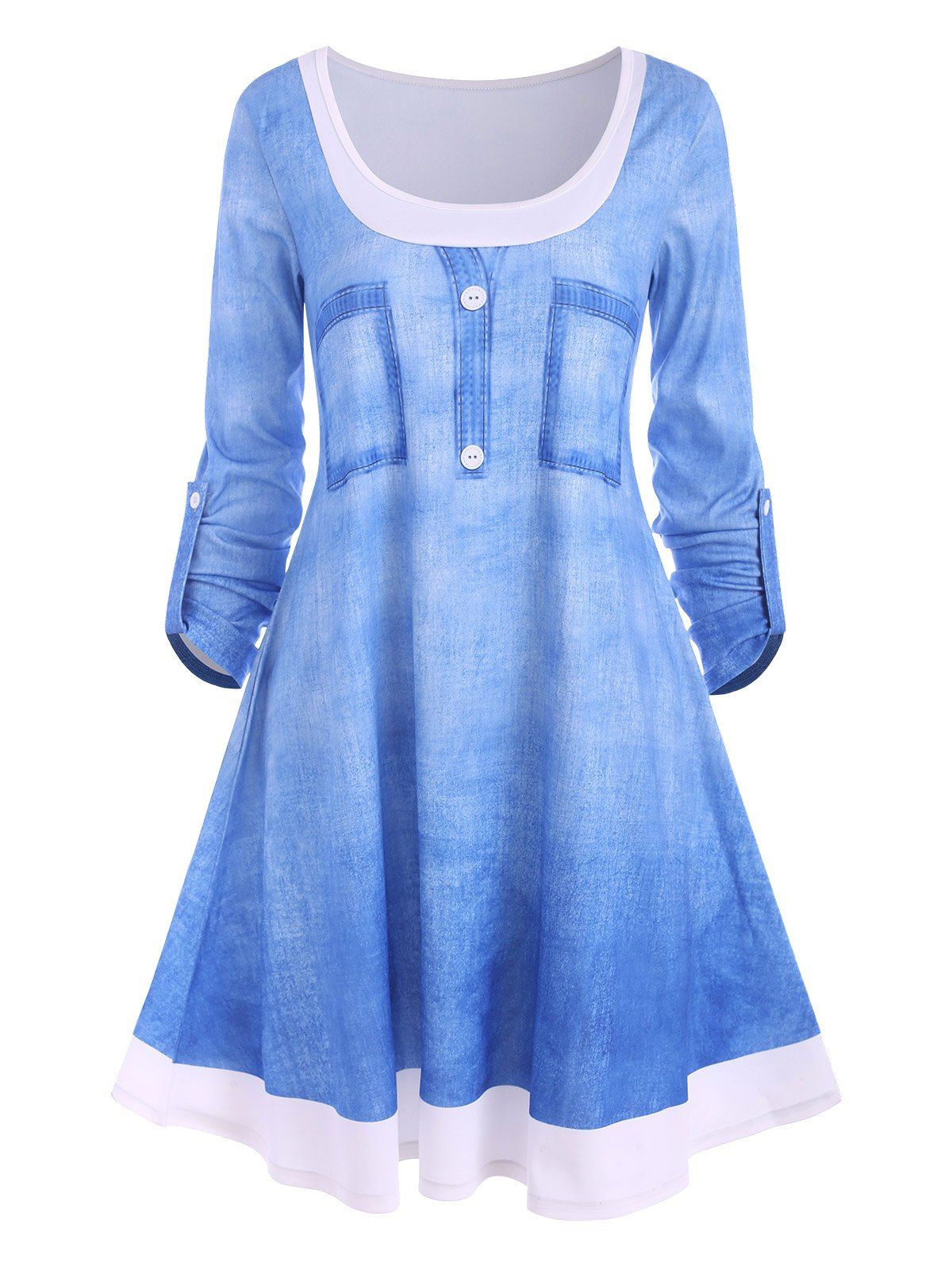 Robe Tunique à Imprimé 3D Denim à Manches Roulées - Bleu clair L