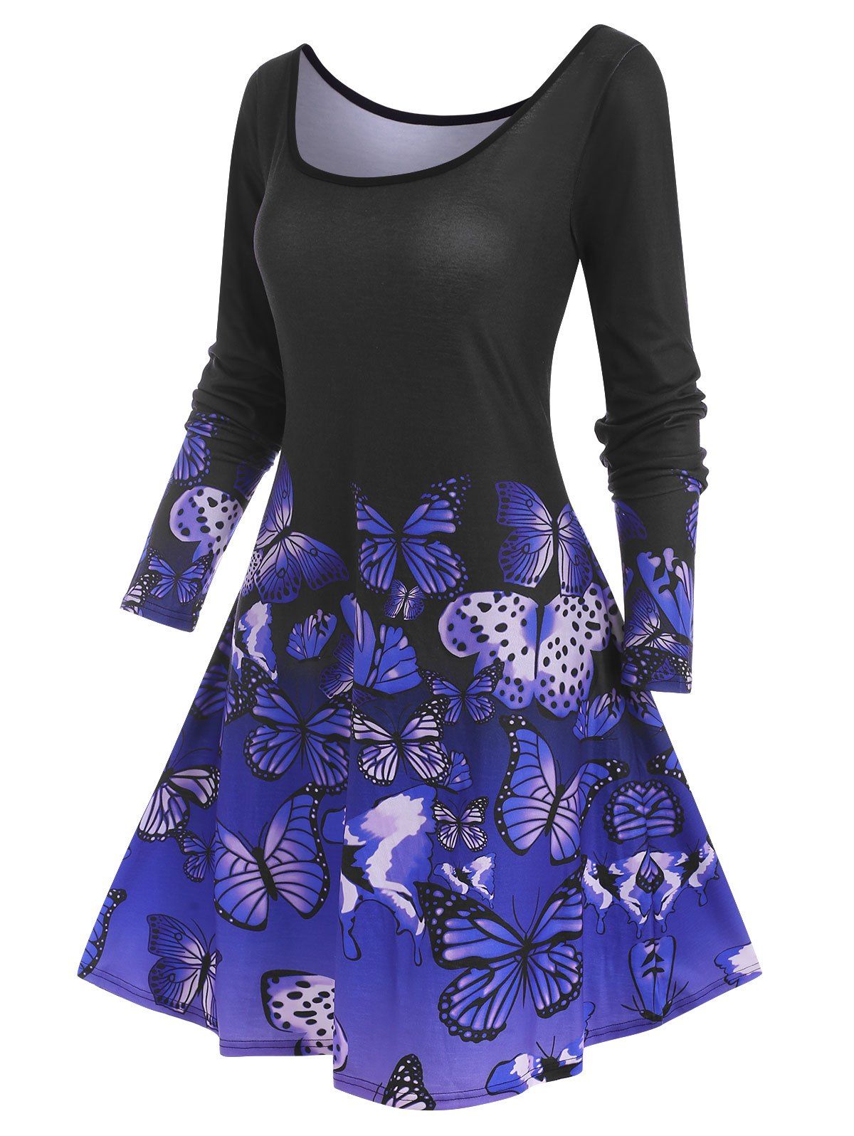 Long Sleeve Butterfly Print Tee Dress - PURPLE L