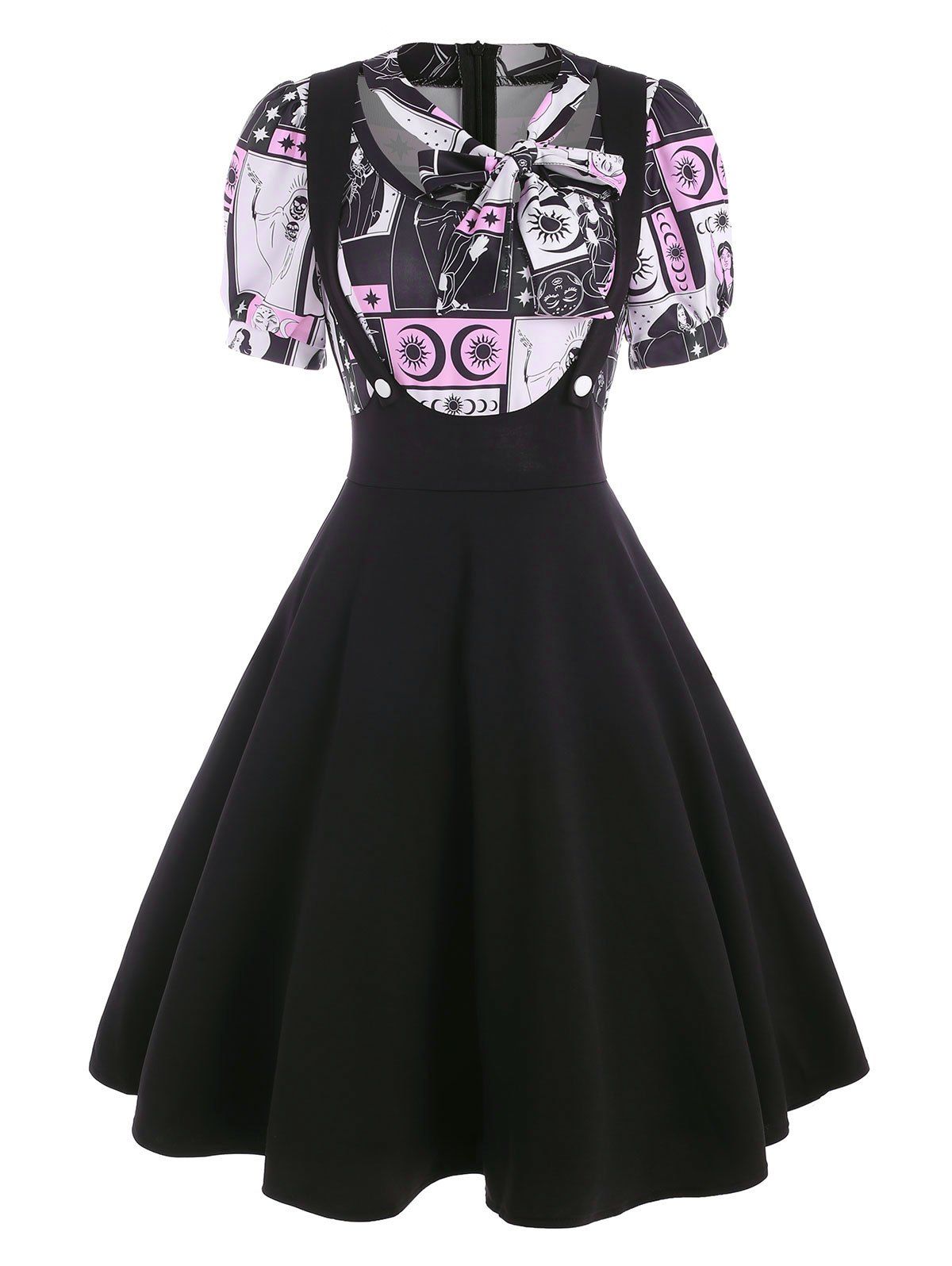 Gothic Vintage Skull Print Bowknot Puff Sleeve 2 In 1 A Line Dress - LIGHT PINK L