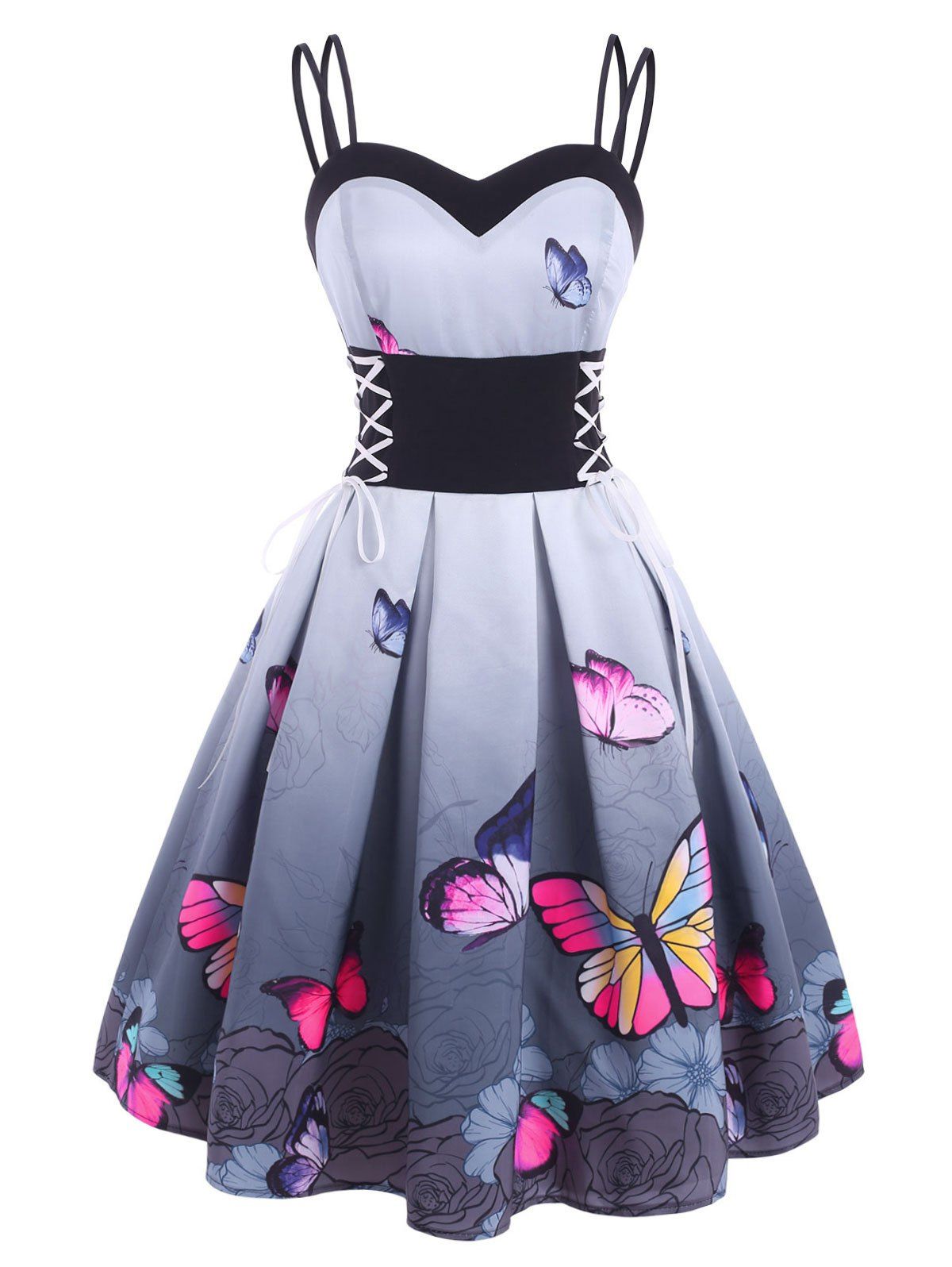 Lace Up Dual Strap Skull Butterfly Print Dress - LIGHT BLUE S