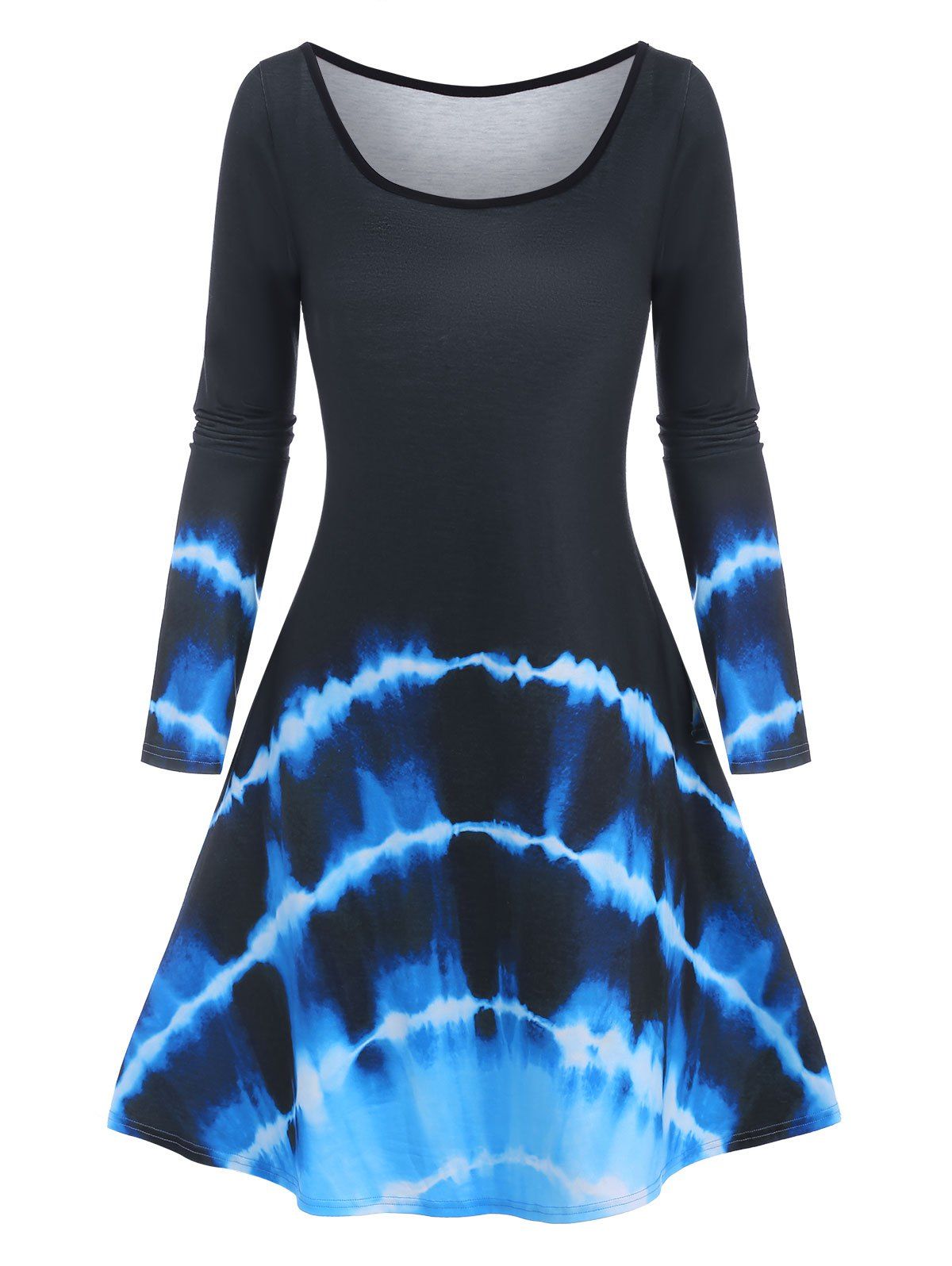 Casual Tie Dye Print A Line Long Sleeve Tee Dress - BLUE XXXL
