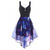 Galaxy Print Mock Button Ruched Asymmetric Dress - DEEP BLUE M