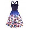 Ombre Butterfly Print Criss Cross Mock Button Dress - DEEP BLUE L