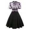 Gothic Vintage Skull Print Bowknot Puff Sleeve 2 In 1 A Line Dress - LIGHT PINK XL