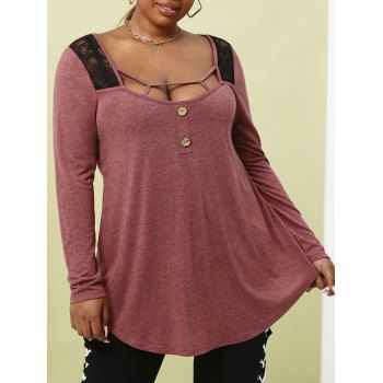 

Plus Size Cutout Lace Insert Long Sleeve Tee, Deep red