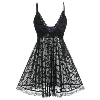 

Plus Size Low Cut Bat Print Halloween Babydoll Set, Black