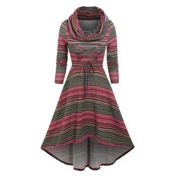 

Lace Up Colorful Stripe Cowl Neck High Low Dress, Multicolor