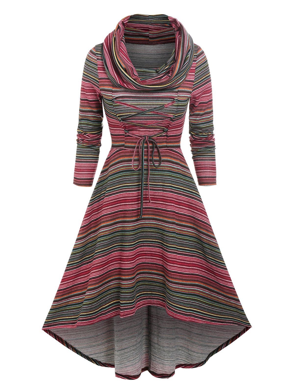 Lace Up Colorful Stripe Cowl Neck High Low Dress - multicolor M