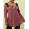 Plus Size Cutout Lace Insert Long Sleeve Tee - DEEP RED L