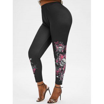 

Plus Size Skull Butterfly Print High Waisted Pants, Black