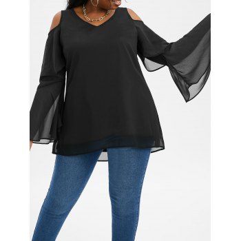 

Plus Size Open Shoulder Layered Bell Sleeve High Low Top, Black