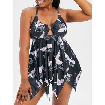 

Plus Size U-bar Oriental Crane Print Handkerchief-hem Tankini Swimwear, Black