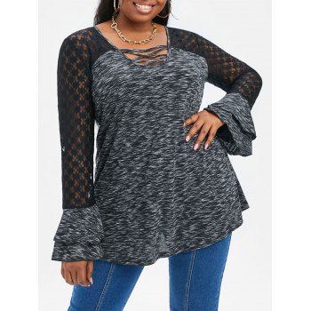 

Plus Size Flower Lace Insert Space Dye Print T-shirt, Gray