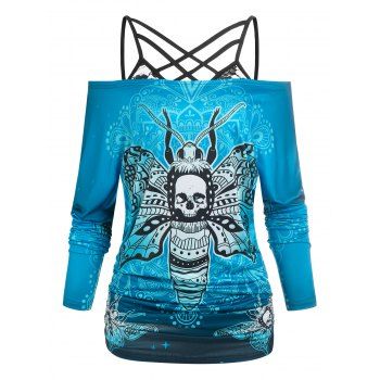 

Halloween Skull Butterfly Print Off The Shoulder Tee and Lace Strappy Camisole, Blue