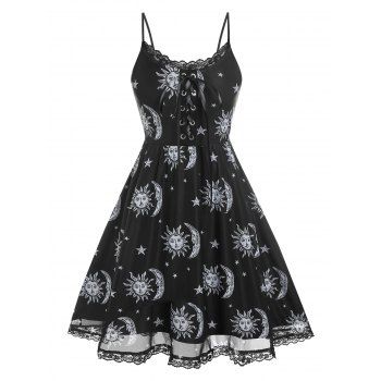 

Plus Size Lace Up Sun Moon Print Cami Dress, Black