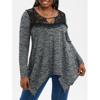 

Plus Size Lace Insert Keyhole Neck T Shirt, Dark gray