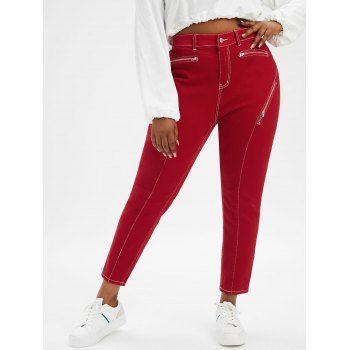 

Zippered Front Topstitching Plus Size Skinny Jeans, Red