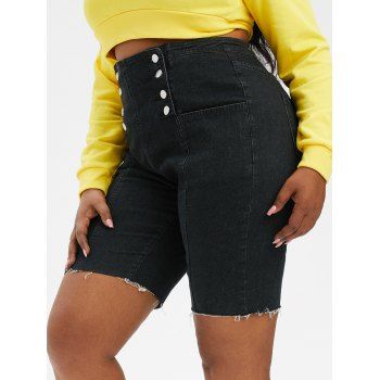 

Plus Size Double Breasted Frayed Denim Biker Shorts, Black