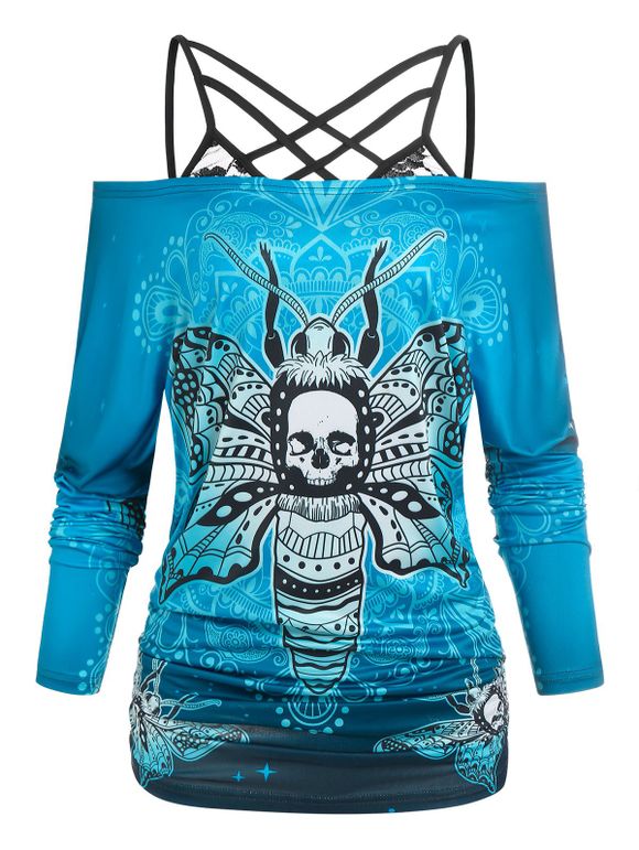 Halloween Skull Butterfly Print Off The Shoulder Tee and Lace Strappy Camisole - BLUE XL