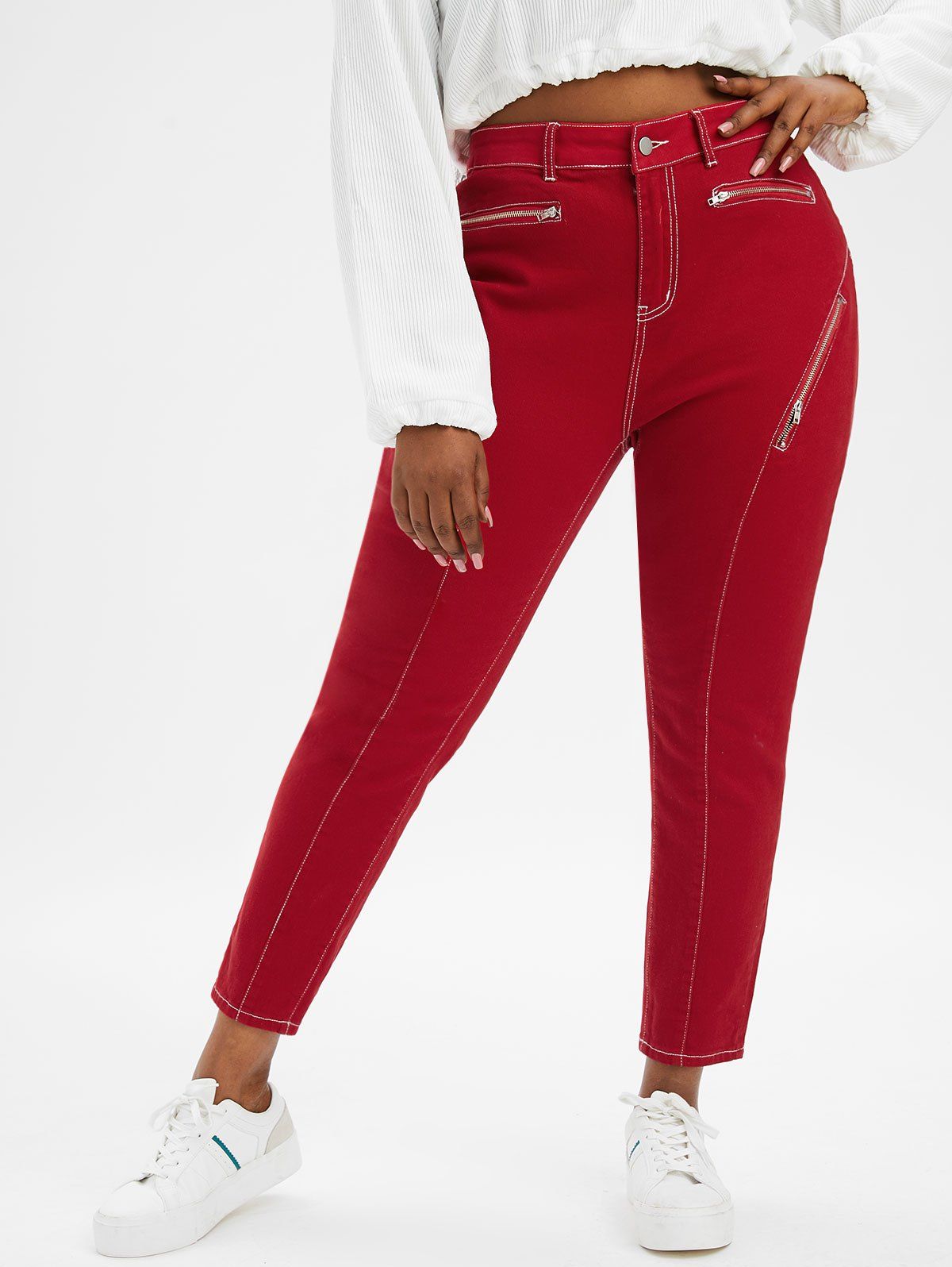 Zippered Front Topstitching Plus Size Skinny Jeans - RED 5X