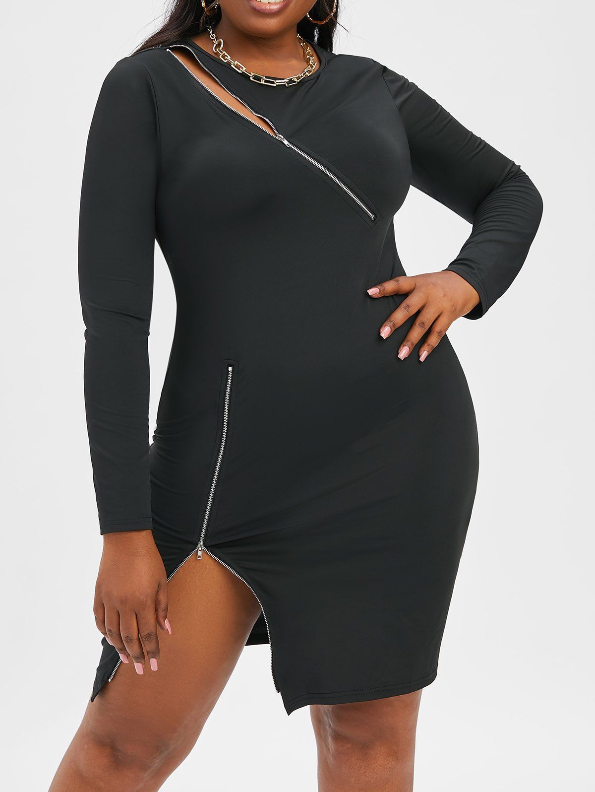 Plus Size Zip Embellished Slinky Dress - BLACK L