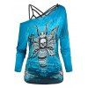 Halloween Skull Butterfly Print Off The Shoulder Tee and Lace Strappy Camisole - BLUE M
