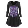 T-shirt D'Halloween Fleur Crâne de Grande Taille à Manches Longues - Noir 1X