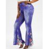 Pantalon Évasé à Imprimé Fleurs 3D Grande Taille - Bleu 5X