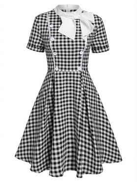 Vintage Dress Gingham Plaid Print Mini Dress Mock Button Bowknot A Line Dress Short Sleeve Dress