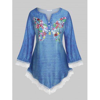 

Plus Size Floral Print Lace Panel 3D Denim Top, Blue