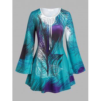 

Plus Size Bell Sleeve Feather Print T-shirt, Deep green