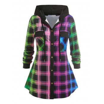 

Plus Size Ombre Color Plaid Hooded Shirt, Multicolor