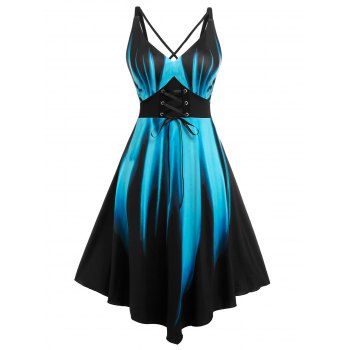 

Plus Size Lace Up Crisscross Midi Flare Dress, Black