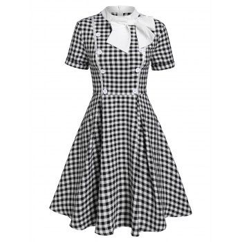 

Vintage Dress Gingham Plaid Print Mini Dress Mock Button Bowknot A Line Dress Short Sleeve Dress, Black