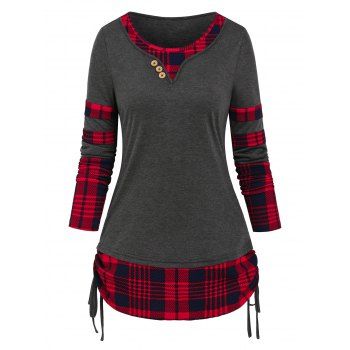

Plaid Print Cinched Faux Twinset T-shirt, Dark gray