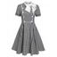 Vintage Dress Gingham Plaid Print Mini Dress Mock Button Bowknot A Line Dress Short Sleeve Dress - BLACK XXL
