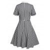 Vintage Dress Gingham Plaid Print Mini Dress Mock Button Bowknot A Line Dress Short Sleeve Dress - BLACK XXXL
