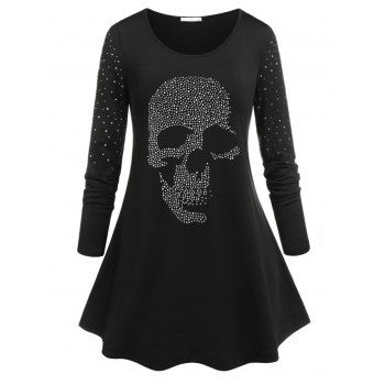 

Plus Size Rhinestone Skull Print Halloween Tee, Black