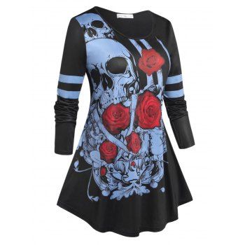 

Plus Size Flower Skull Long Sleeve Tee, Black