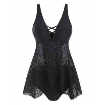 

Tummy Control Swimsuit Crisscross Lace Panel Corset Tankini Swimwear, Black