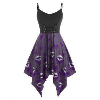 

Lace Up Butterfly Skull Halloween Plus Size Cami Dress, Purple