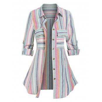 

Colorful Stripe Print Double Pockets Shirt, Multicolor