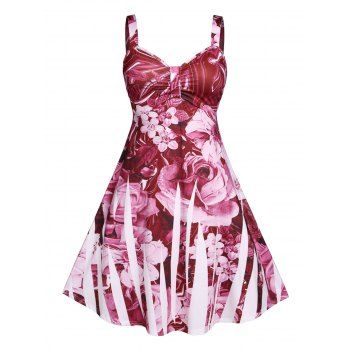

Plus Size Flower Print Midi A Line Backless Dress, Deep red