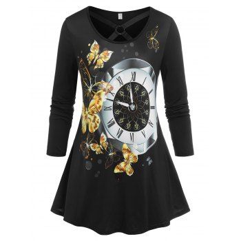 

Plus Size Butterfly Clock Print O Ring T-shirt, Black