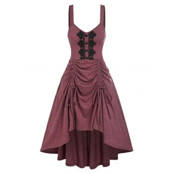 

Sleeveless Lace Panel Cinched High Low Dress, Deep red